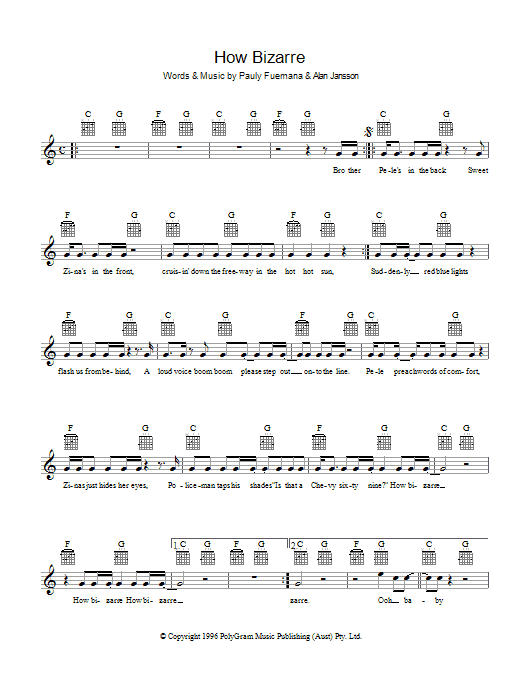 Learn to play OMC How Bizarre sheet music for Melody Line, Lyrics & Chords in minutes. OMC How Bizarre sheet music preview music notes and score for Melody Line, Lyrics & Chords including 2 page(s)