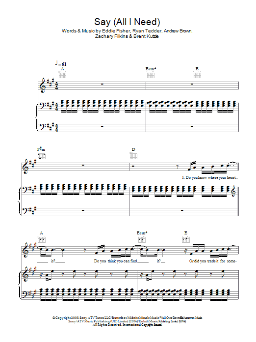 Learn to play OneRepublic Say (All I Need) sheet music for Piano, Vocal & Guitar in minutes. OneRepublic Say (All I Need) sheet music preview music notes and score for Piano, Vocal & Guitar including 6 page(s)
