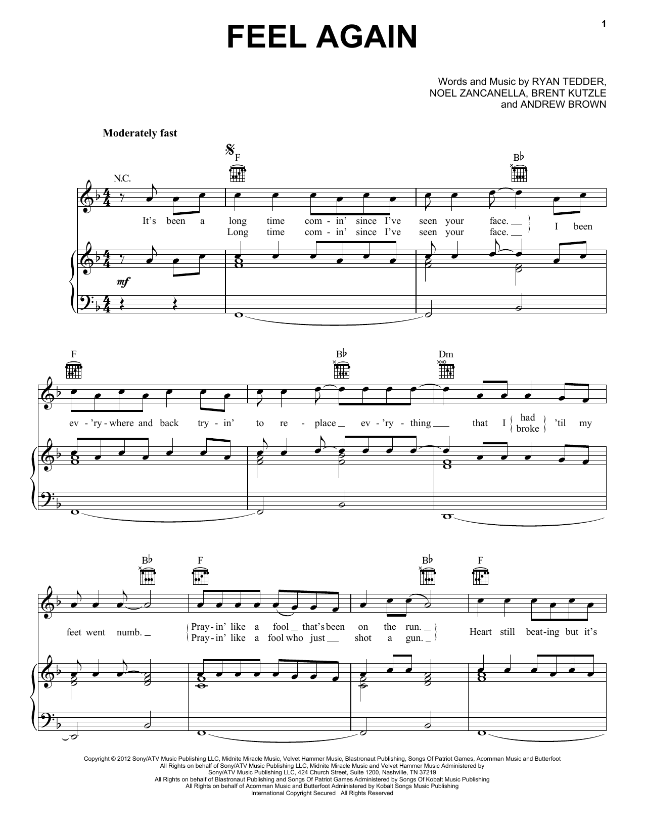 Learn to play OneRepublic Feel Again sheet music for Piano, Vocal & Guitar (Right-Hand Melody) in minutes. OneRepublic Feel Again sheet music preview music notes and score for Piano, Vocal & Guitar (Right-Hand Melody) including 5 page(s)
