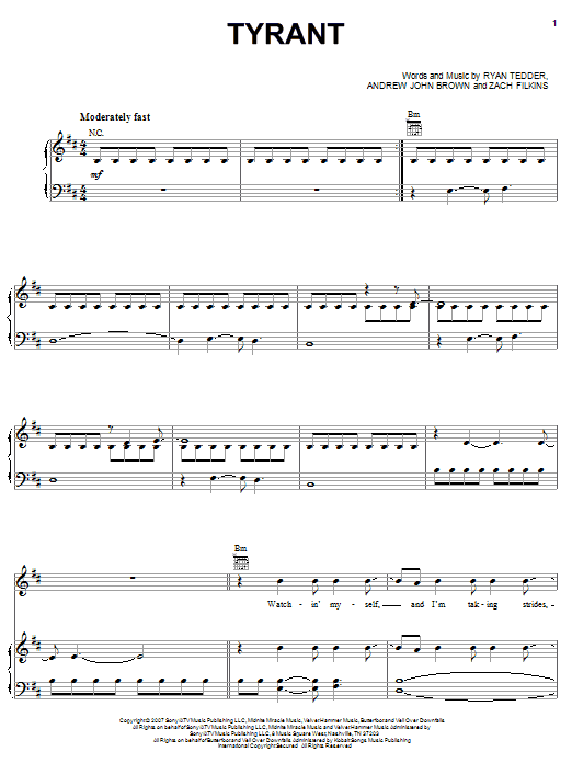 OneRepublic Tyrant sheet music preview music notes and score for Piano, Vocal & Guitar (Right-Hand Melody) including 11 page(s)