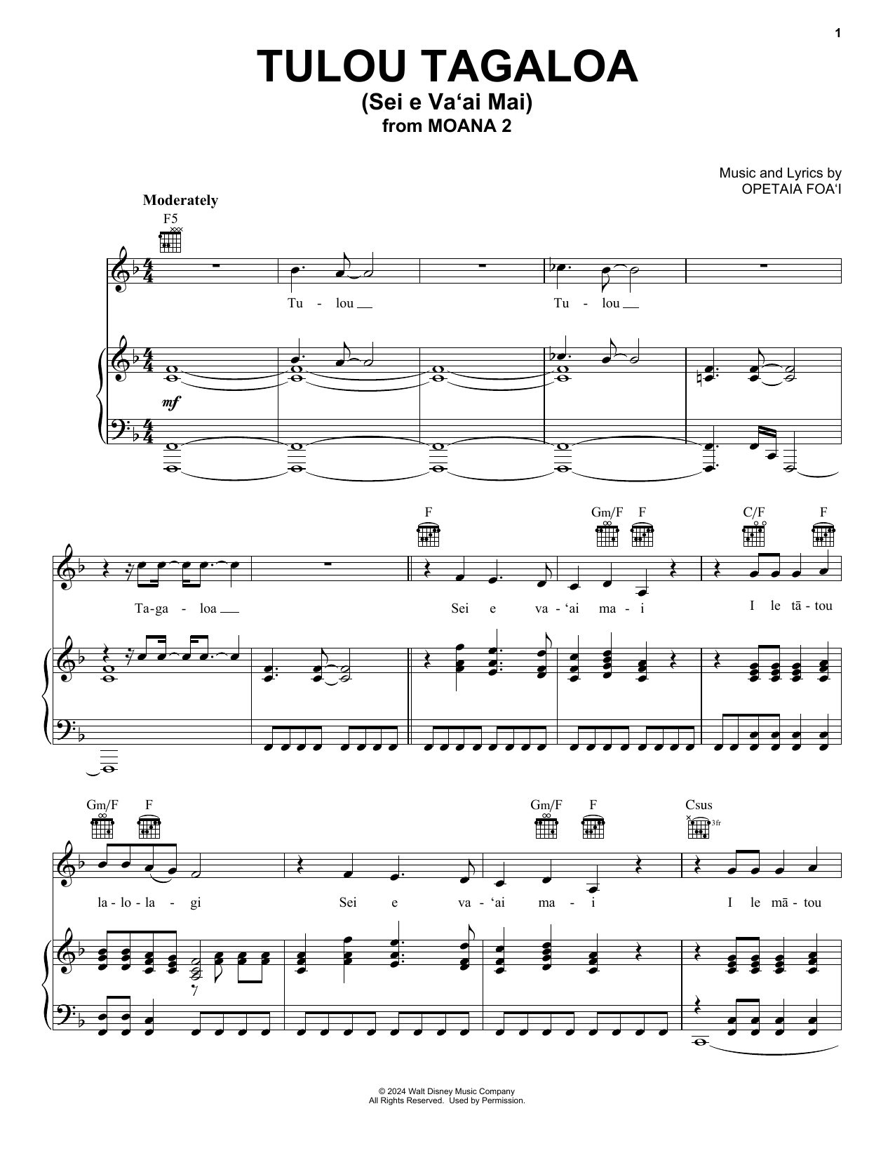 Opetaia Foa'i Tulou Tagaloa (Sei e Va'ai Mai) (from Moana 2) sheet music, chords, lyrics - Printable PDF for Piano, Vocal & Guitar Chords (Right-Hand Melody)