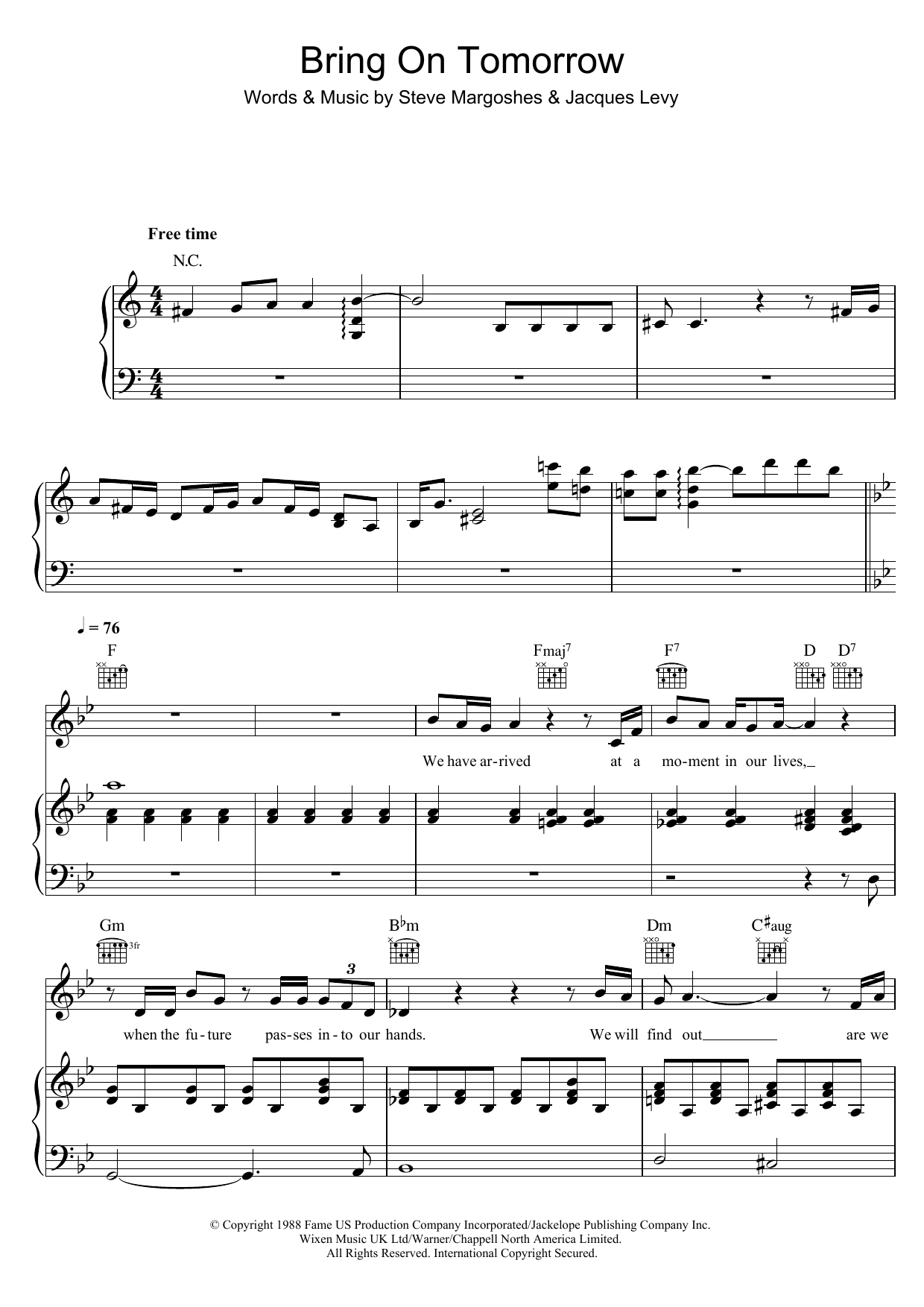 Original Cast Recording Bring On Tomorrow (from 'Fame') sheet music, chords, lyrics - Printable PDF for Piano, Vocal & Guitar (Right-Hand Melody)