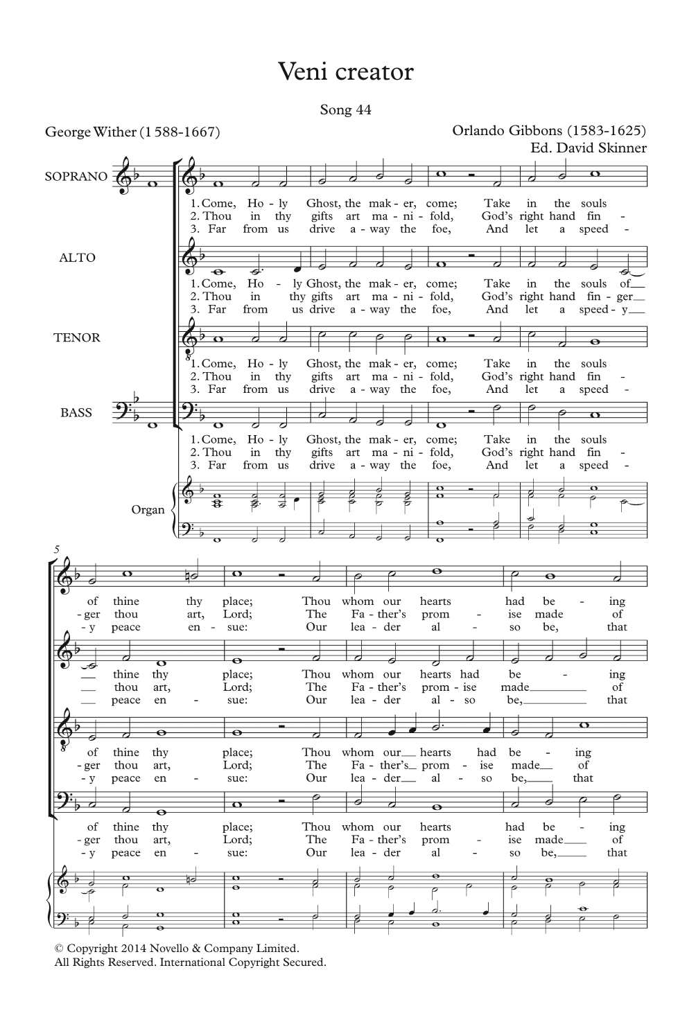 Orlando Gibbons Veni Creator sheet music, chords, lyrics - Printable PDF for SATB