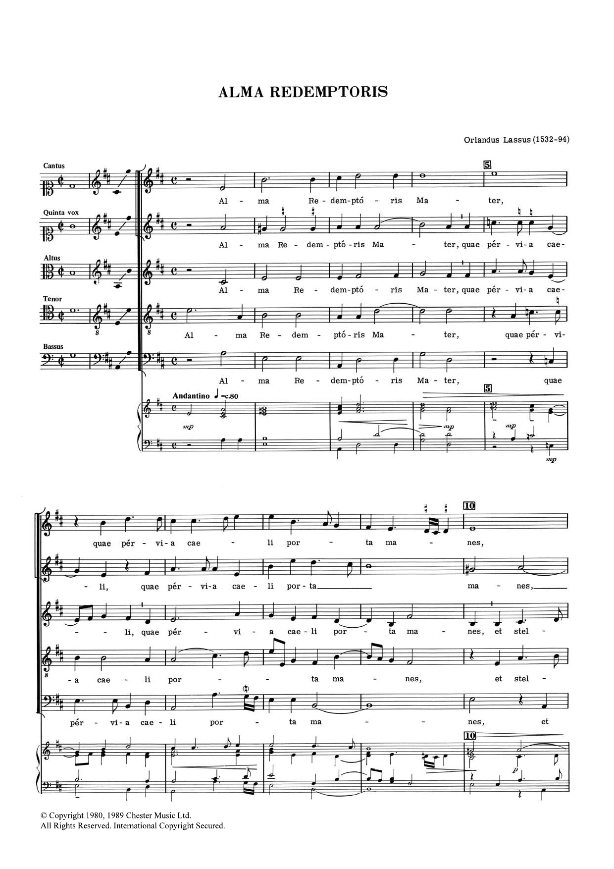 Orlandus Lassus Alma Redemptoris sheet music, chords, lyrics - Printable PDF for Choral SAATB