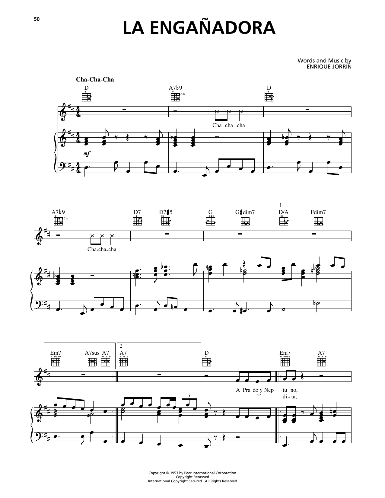 Orquesta America La Engañadora sheet music, chords, lyrics - Printable PDF for Piano, Vocal & Guitar Chords (Right-Hand Melody)