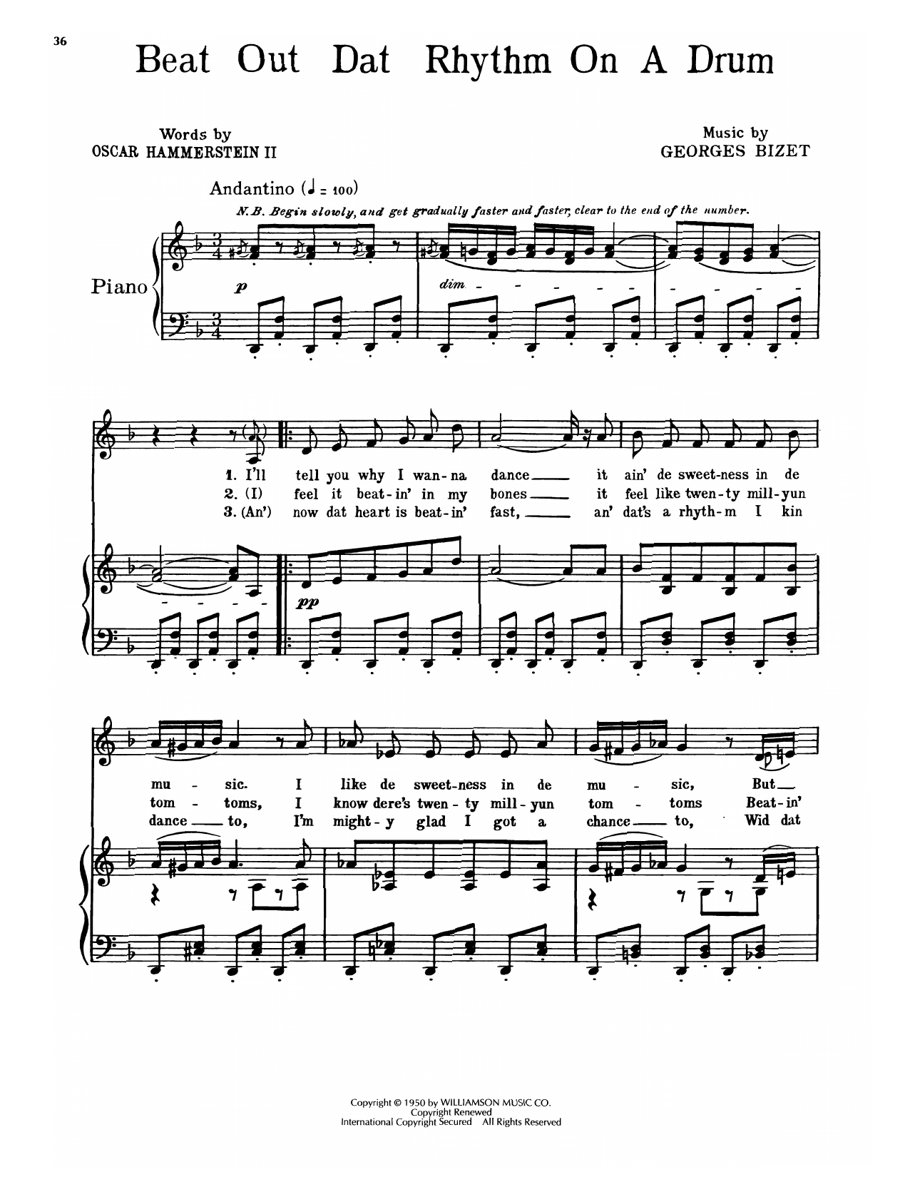 Oscar Hammerstein II & Georges Bizet Beat Out Dat Rhythm On A Drum (from Carmen Jones) sheet music, chords, lyrics - Printable PDF for Piano, Vocal & Guitar Chords (Right-Hand Melody)
