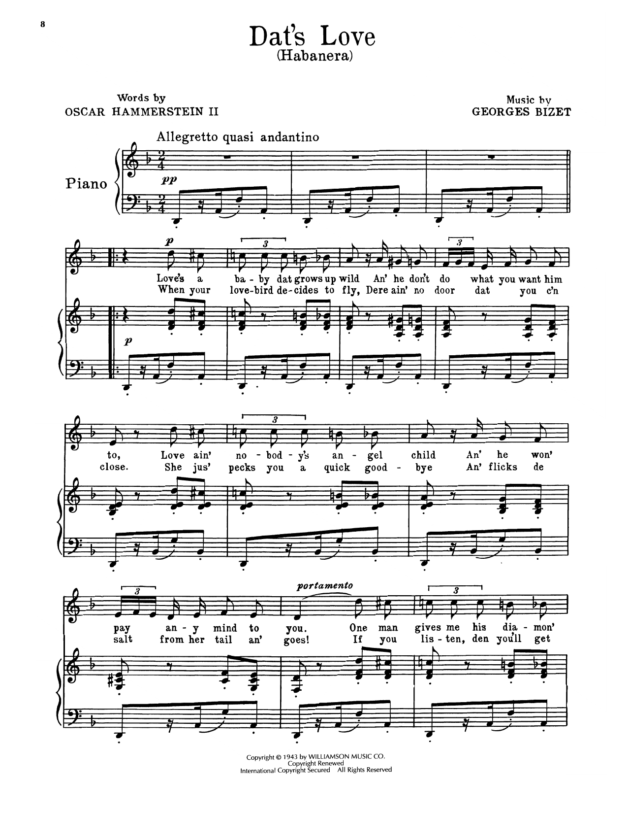 Oscar Hammerstein II & Georges Bizet Dat's Love (Habanera) (from Carmen Jones) sheet music, chords, lyrics - Printable PDF for Piano, Vocal & Guitar Chords (Right-Hand Melody)