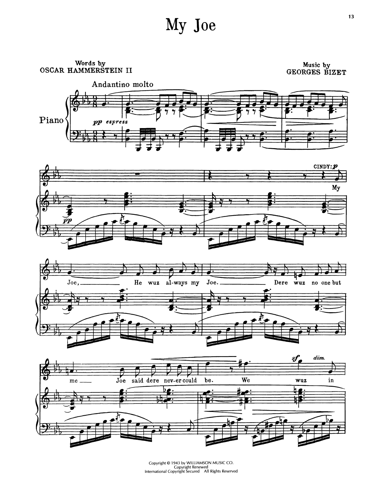 Oscar Hammerstein II & Georges Bizet My Joe (from Carmen Jones) sheet music, chords, lyrics - Printable PDF for Piano, Vocal & Guitar Chords (Right-Hand Melody)