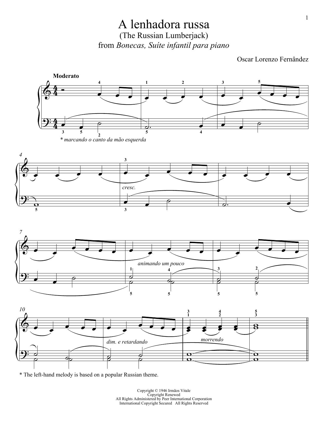 Oscar Lorenzo Fernandez A Lenhadora Russa sheet music, chords, lyrics - Printable PDF for Piano Solo
