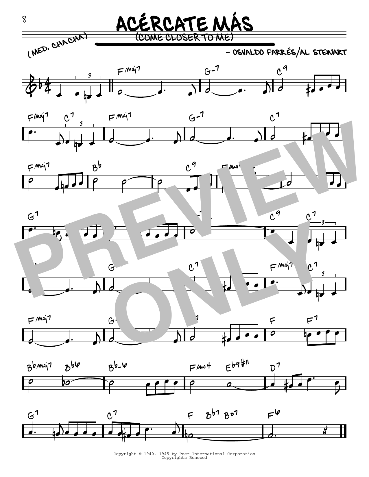 Learn to play Osvaldo Farrés Acercate Más (Come Closer To Me) sheet music for Real Book – Melody & Chords in minutes. Osvaldo Farrés Acercate Más (Come Closer To Me) sheet music preview music notes and score for Real Book – Melody & Chords including 1 page(s)
