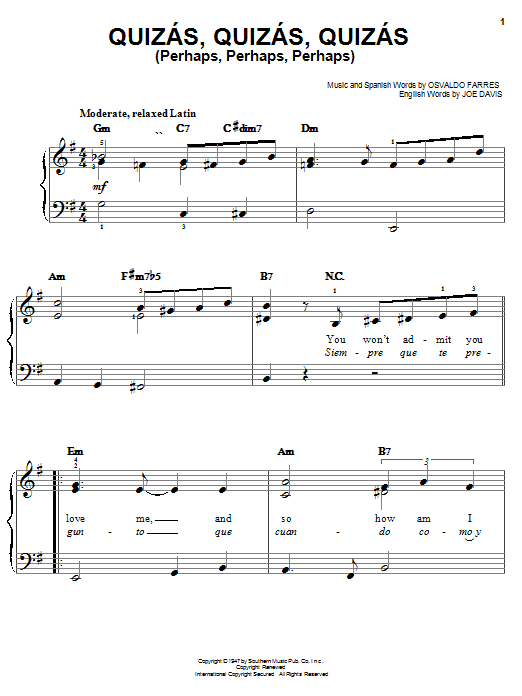 Learn to play Osvaldo Farres Quizas, Quizas, Quizas (Perhaps, Perhaps, Perhaps) sheet music for Guitar Tab in minutes. Osvaldo Farres Quizas, Quizas, Quizas (Perhaps, Perhaps, Perhaps) sheet music preview music notes and score for Guitar Tab including 3 page(s)