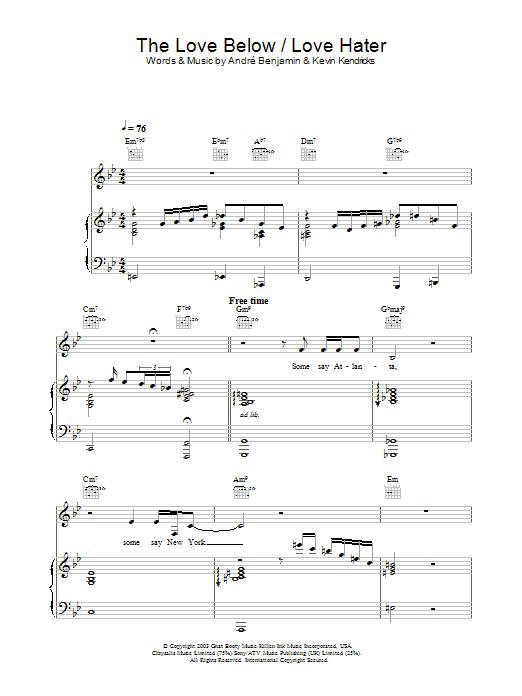 OutKast The Love Below / Love Hater sheet music preview music notes and score for Melody Line, Lyrics & Chords including 3 page(s)