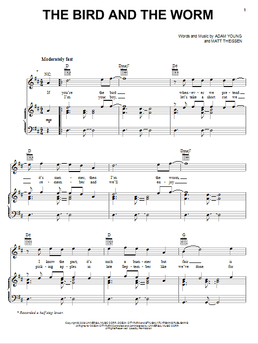 Learn to play Owl City The Bird And The Worm sheet music for Easy Piano in minutes. Owl City The Bird And The Worm sheet music preview music notes and score for Easy Piano including 7 page(s)