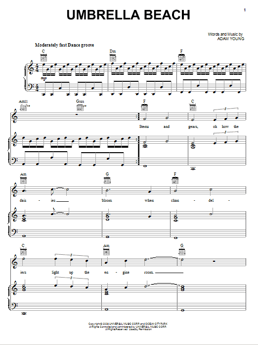 Owl City Umbrella Beach sheet music preview music notes and score for Easy Piano including 7 page(s)