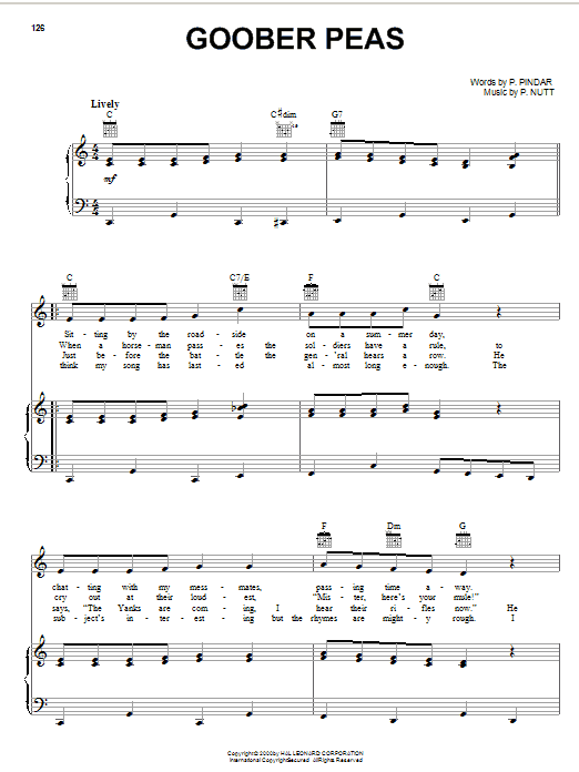 Learn to play P. Nutt Goober Peas sheet music for Piano, Vocal & Guitar (Right-Hand Melody) in minutes. P. Nutt Goober Peas sheet music preview music notes and score for Piano, Vocal & Guitar (Right-Hand Melody) including 2 page(s)