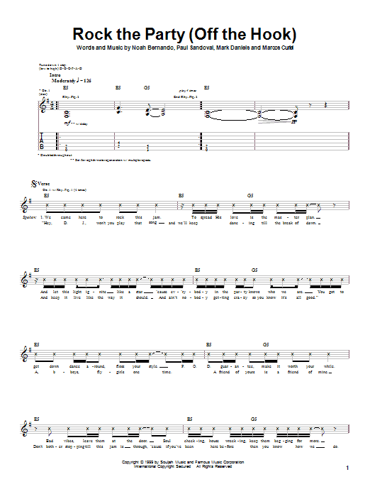 P.O.D. (Payable On Death) Rock The Party (Off The Hook) sheet music preview music notes and score for Guitar Tab including 4 page(s)