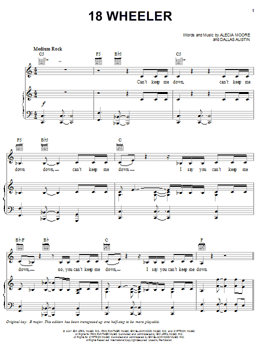 Pink 18 Wheeler sheet music, chords, lyrics - Printable PDF for Piano, Vocal & Guitar (Right-Hand Melody)