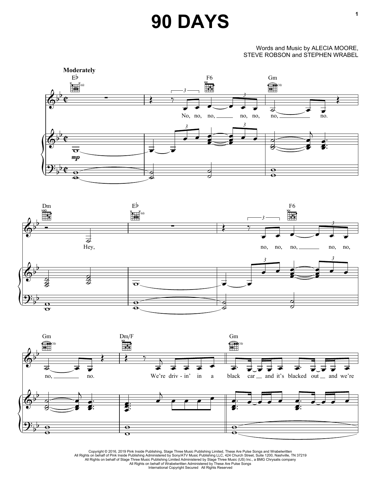 Pink 90 Days sheet music, chords, lyrics - Printable PDF for Piano, Vocal & Guitar (Right-Hand Melody)