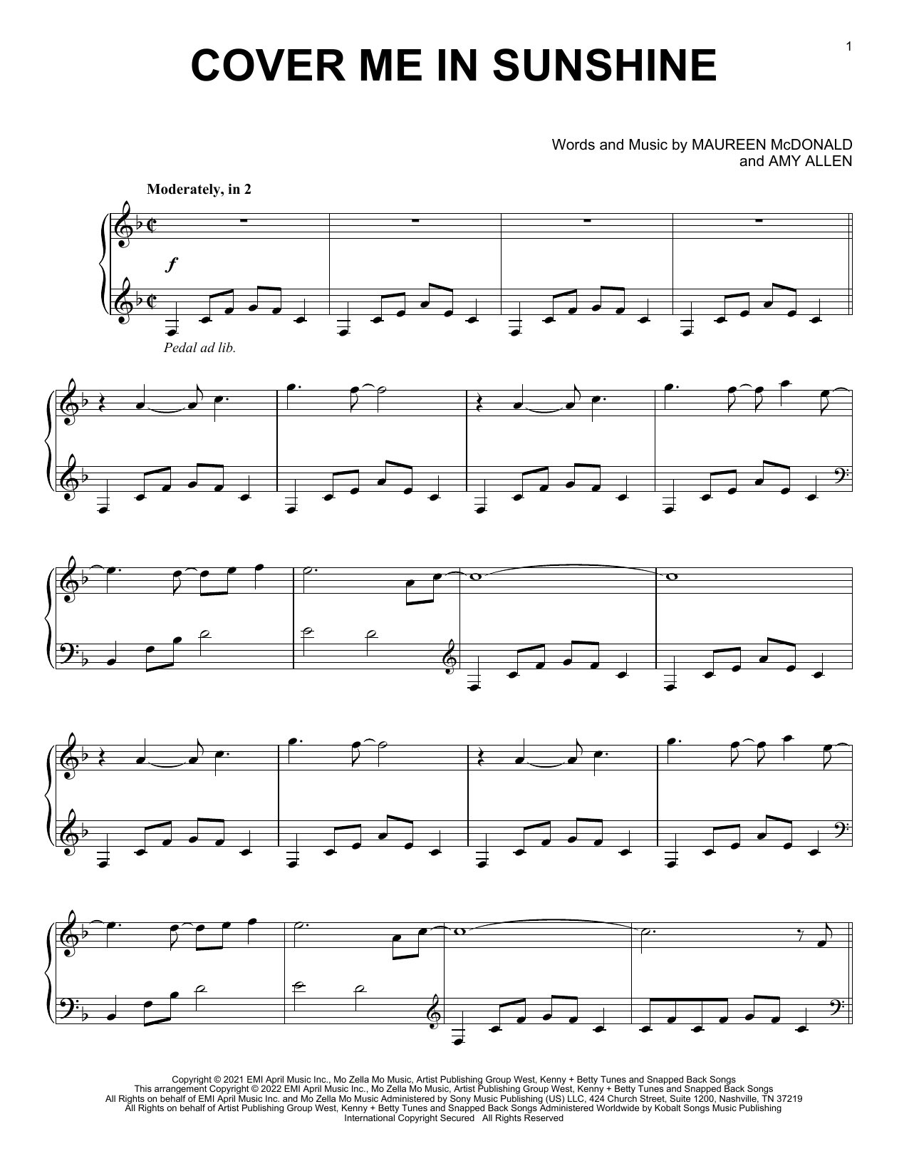 P!nk and Willow Sage Hart Cover Me In Sunshine sheet music, chords, lyrics - Printable PDF for Super Easy Piano