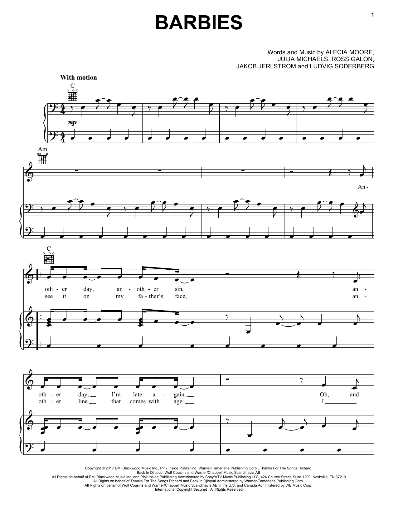 Pink Barbies sheet music, chords, lyrics - Printable PDF for Piano, Vocal & Guitar (Right-Hand Melody)