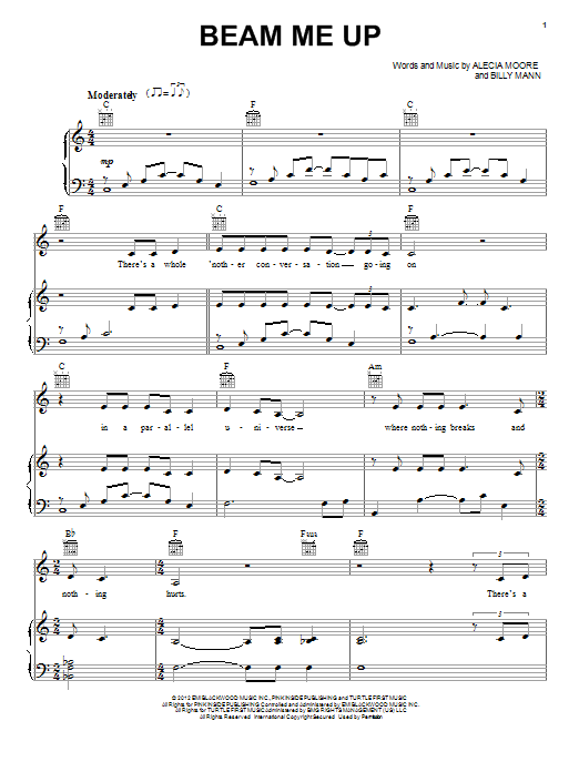 Pink Beam Me Up sheet music, chords, lyrics - Printable PDF for Piano, Vocal & Guitar (Right-Hand Melody)
