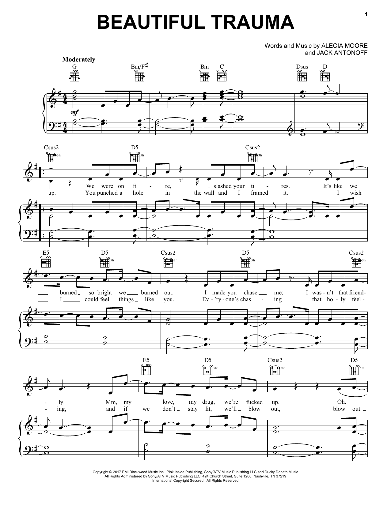 Pink Beautiful Trauma sheet music, chords, lyrics - Printable PDF for Piano, Vocal & Guitar (Right-Hand Melody)