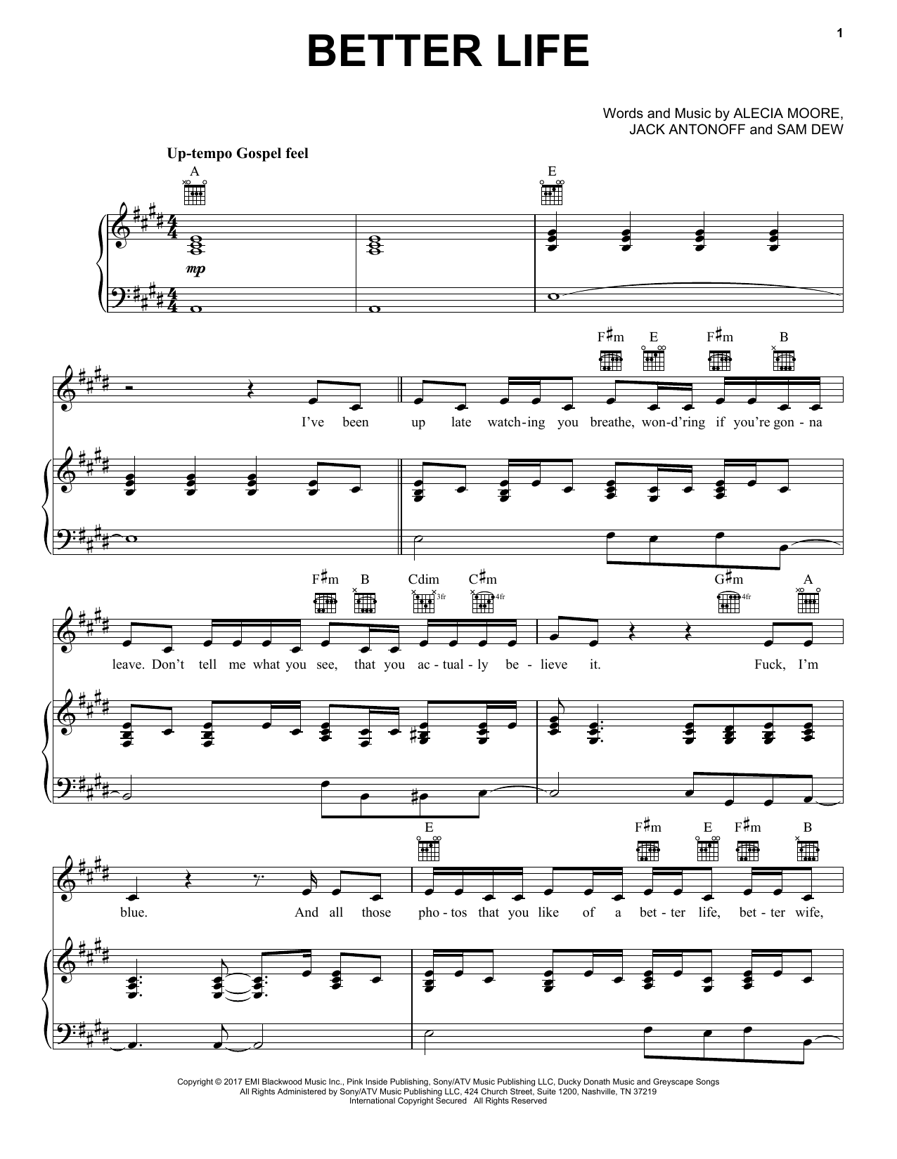 Pink Better Life sheet music, chords, lyrics - Printable PDF for Piano, Vocal & Guitar (Right-Hand Melody)