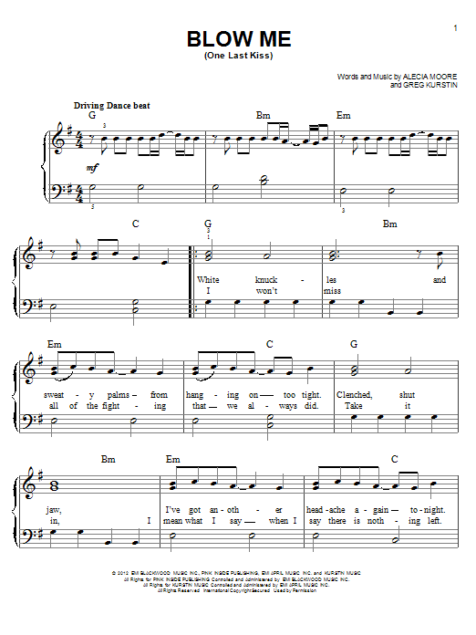 Pink Blow Me (One Last Kiss) sheet music, chords, lyrics - Printable PDF for Ukulele with strumming patterns