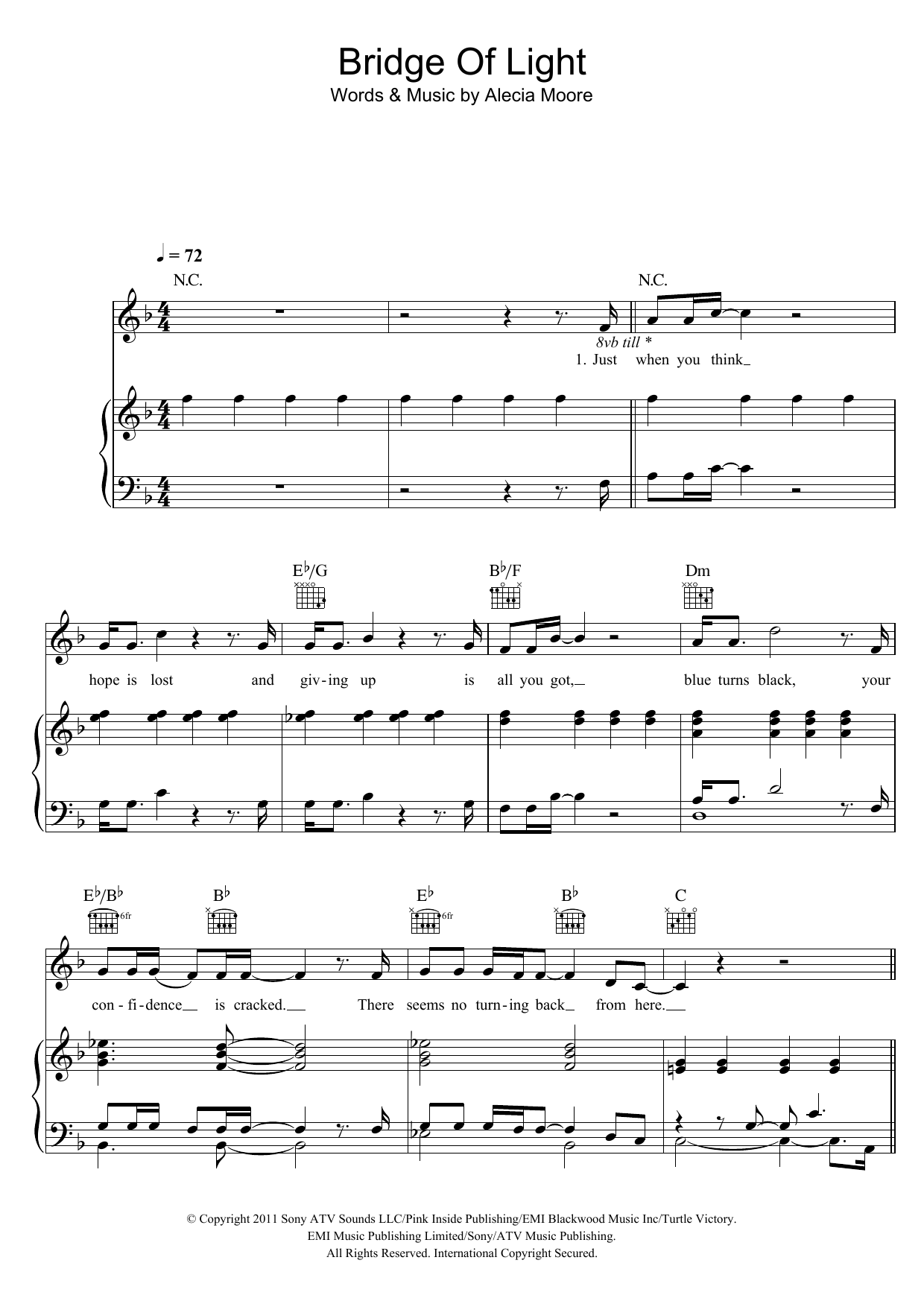 Pink Bridge Of Light sheet music, chords, lyrics - Printable PDF for Piano, Vocal & Guitar (Right-Hand Melody)