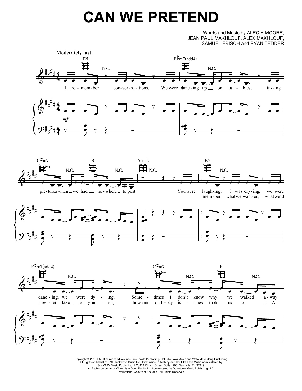Pink Can We Pretend (feat. Cash Cash) sheet music, chords, lyrics - Printable PDF for Piano, Vocal & Guitar (Right-Hand Melody)
