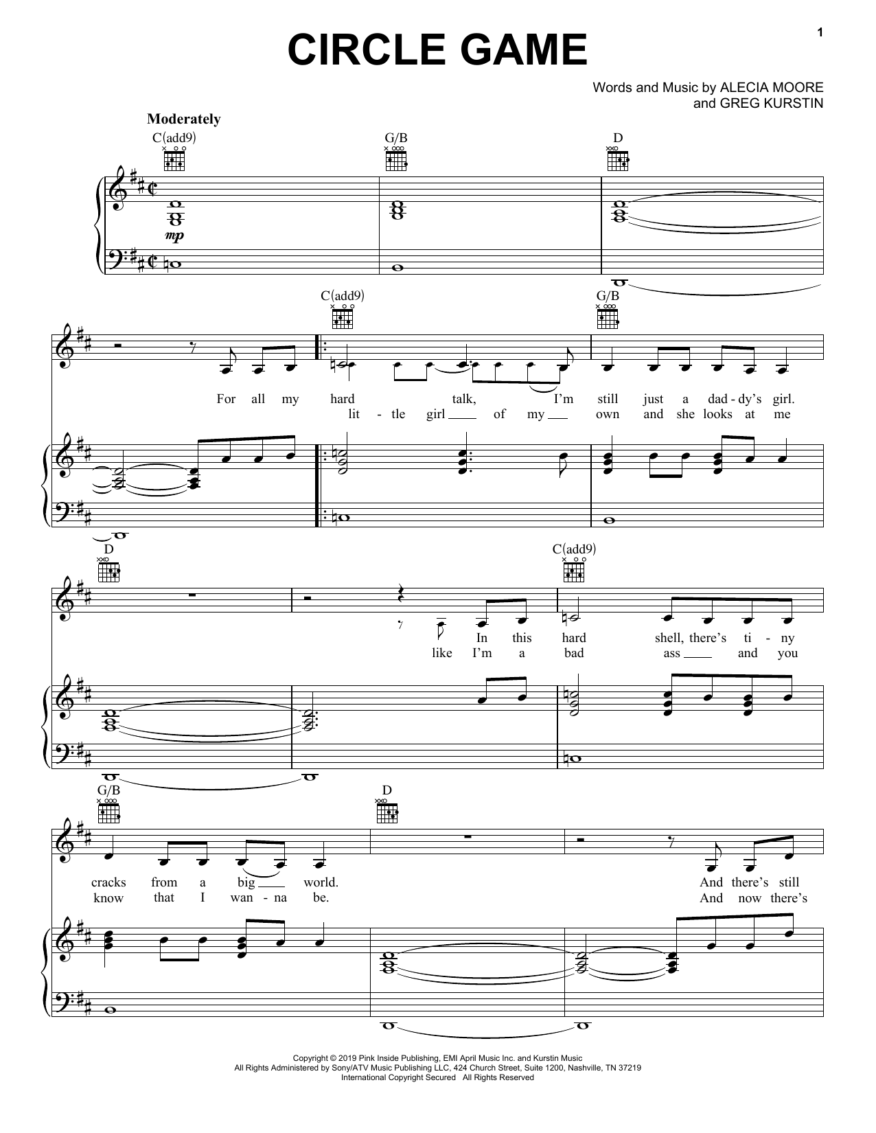 Pink Circle Game sheet music, chords, lyrics - Printable PDF for Piano, Vocal & Guitar (Right-Hand Melody)