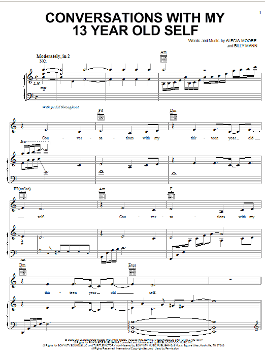 Pink Conversations With My 13 Year Old Self sheet music, chords, lyrics - Printable PDF for Piano, Vocal & Guitar (Right-Hand Melody)