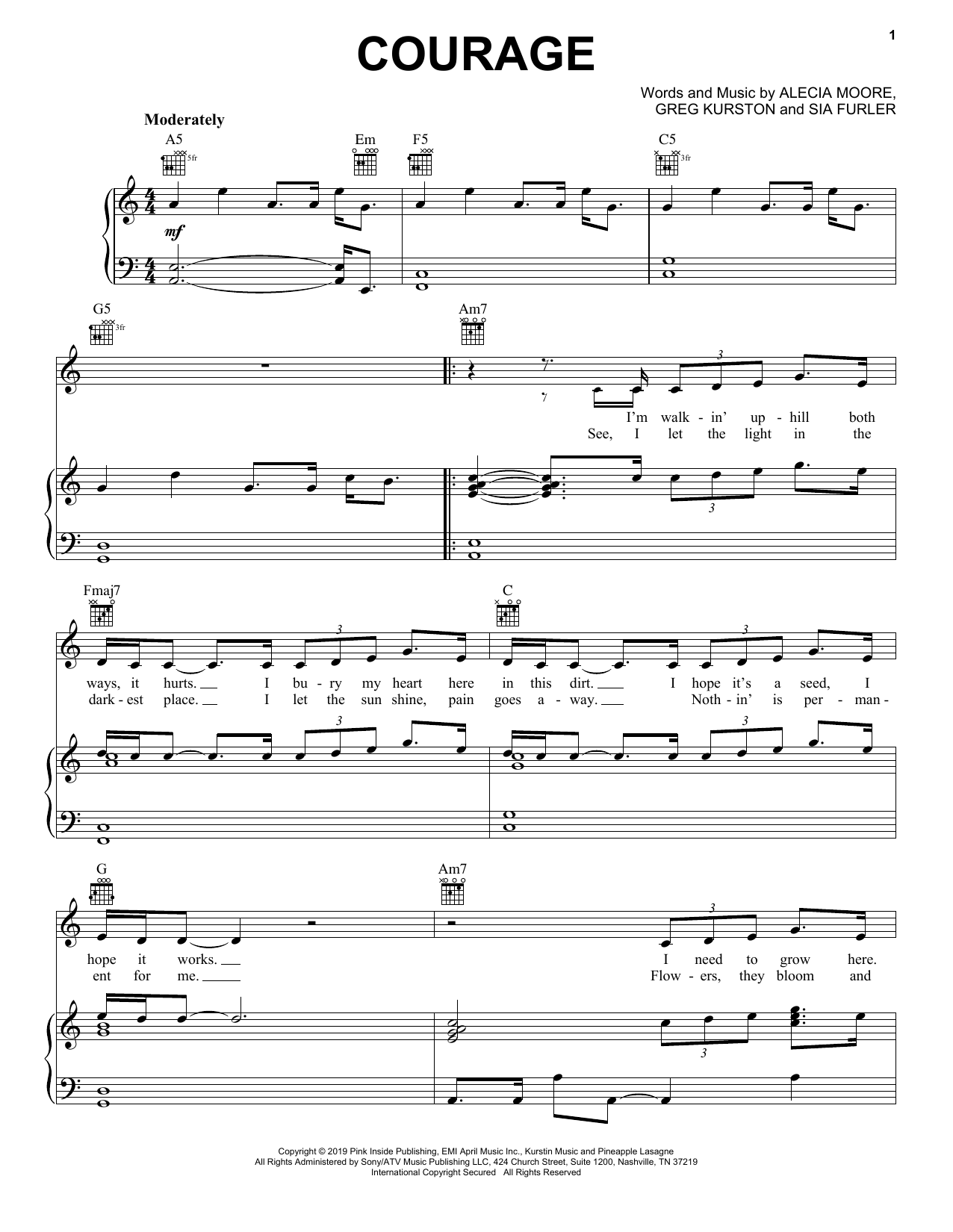 Pink Courage sheet music, chords, lyrics - Printable PDF for Piano, Vocal & Guitar (Right-Hand Melody)