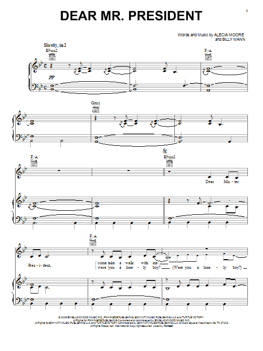 Pink Dear Mr. President sheet music, chords, lyrics - Printable PDF for Piano, Vocal & Guitar (Right-Hand Melody)