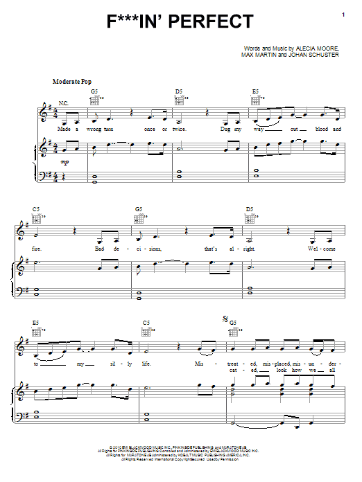 Pink F**kin' Perfect sheet music, chords, lyrics - Printable PDF for Piano, Vocal & Guitar (Right-Hand Melody)
