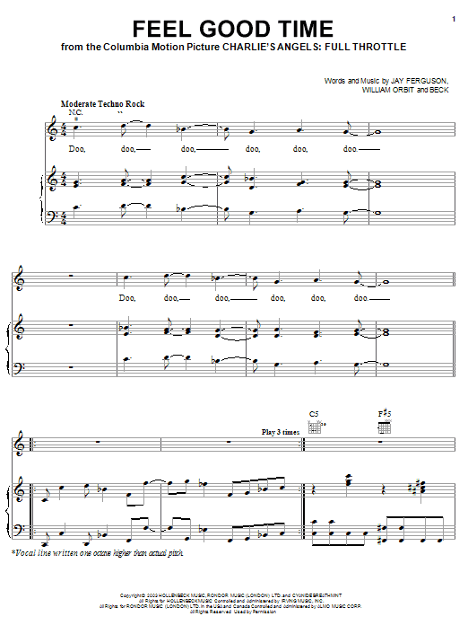 Pink Feel Good Time (feat. William Orbit) sheet music, chords, lyrics - Printable PDF for Piano, Vocal & Guitar (Right-Hand Melody)