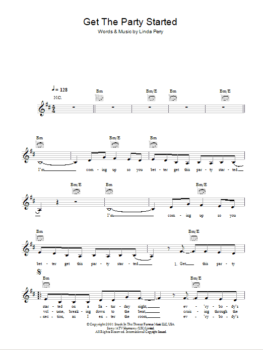 Pink Get The Party Started sheet music, chords, lyrics - Printable PDF for Piano, Vocal & Guitar (Right-Hand Melody)