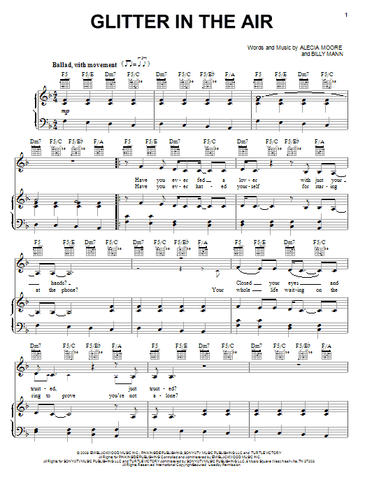 Pink Glitter In The Air sheet music, chords, lyrics - Printable PDF for Piano, Vocal & Guitar (Right-Hand Melody)
