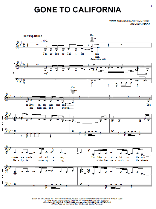 Pink Gone To California sheet music, chords, lyrics - Printable PDF for Piano, Vocal & Guitar (Right-Hand Melody)