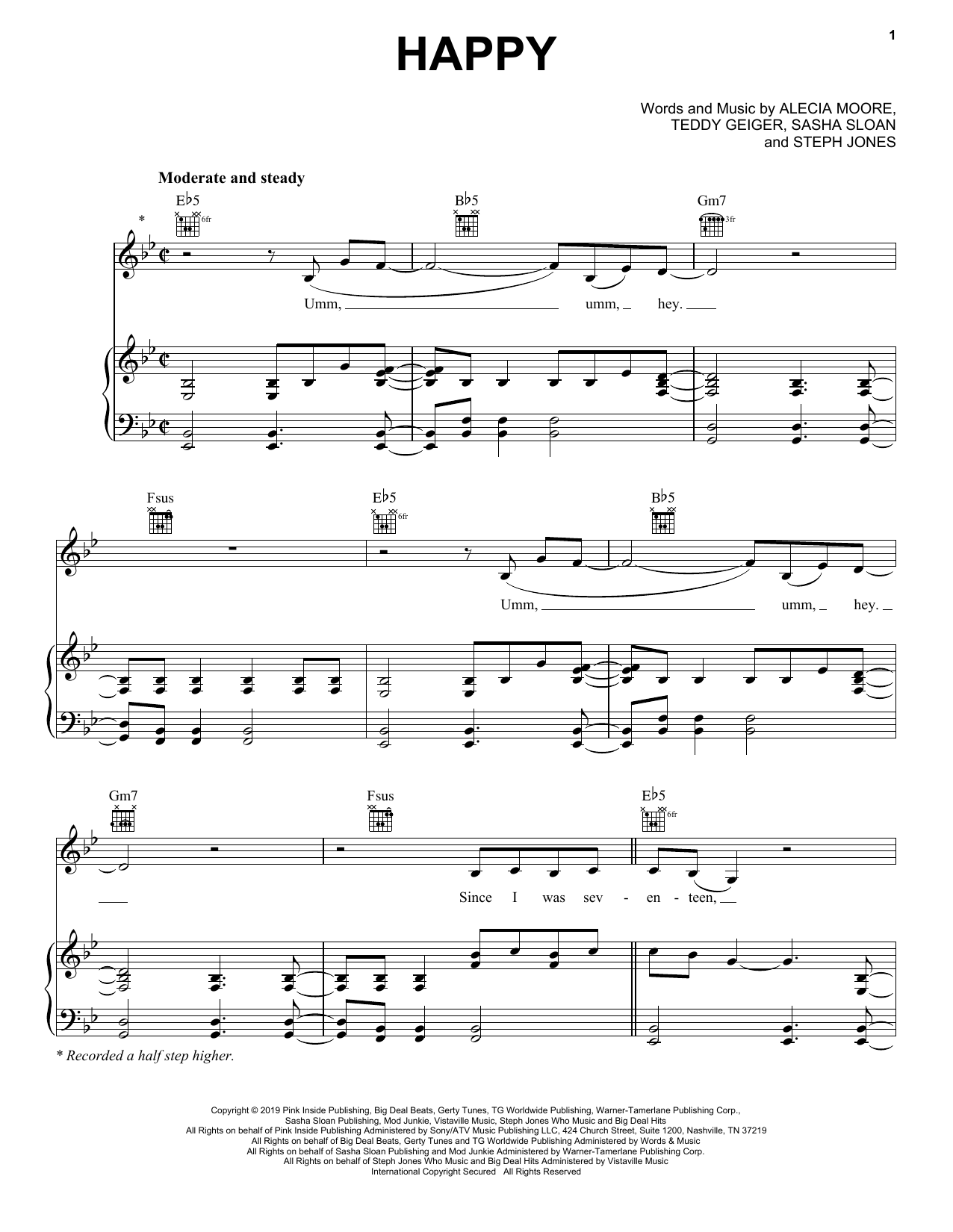 Pink Happy sheet music, chords, lyrics - Printable PDF for Piano, Vocal & Guitar (Right-Hand Melody)