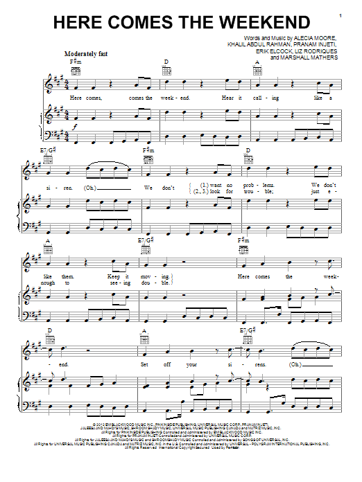 Pink Here Comes The Weekend sheet music, chords, lyrics - Printable PDF for Piano, Vocal & Guitar (Right-Hand Melody)