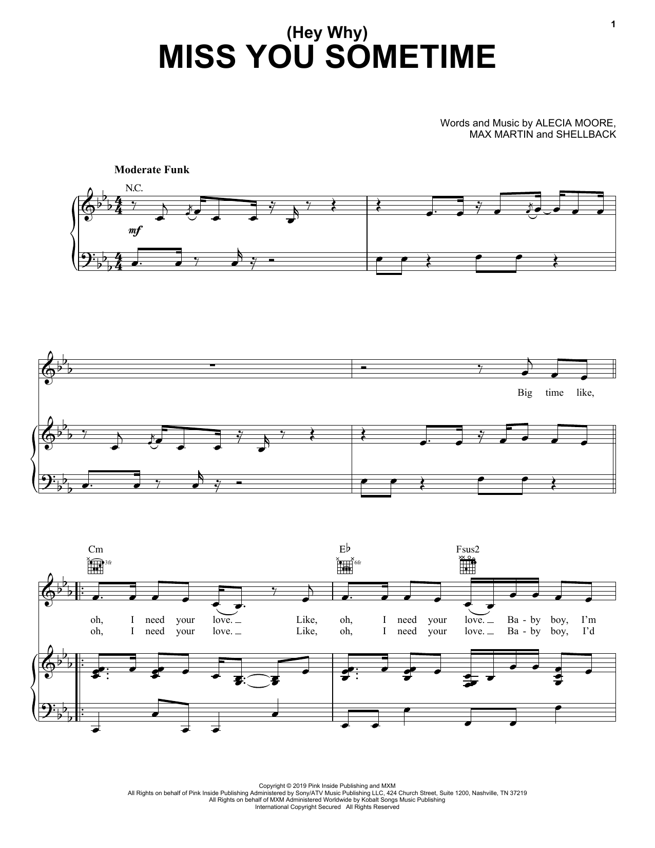 Pink (Hey Why) Miss You Sometime sheet music, chords, lyrics - Printable PDF for Piano, Vocal & Guitar (Right-Hand Melody)