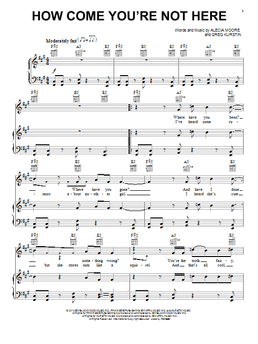 Pink How Come You're Not Here sheet music, chords, lyrics - Printable PDF for Piano, Vocal & Guitar (Right-Hand Melody)