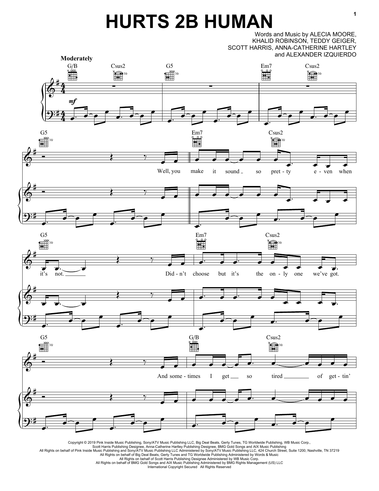Pink Hurts 2B Human (feat. Khalid) sheet music, chords, lyrics - Printable PDF for Piano, Vocal & Guitar (Right-Hand Melody)