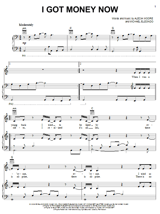 Pink I Got Money Now sheet music, chords, lyrics - Printable PDF for Piano, Vocal & Guitar (Right-Hand Melody)