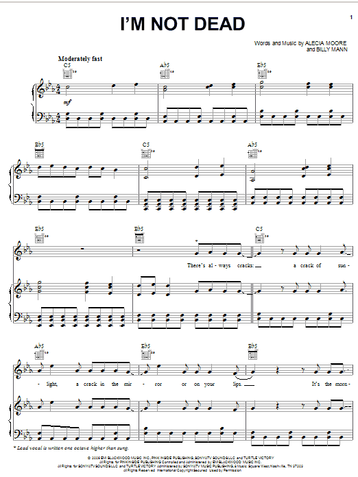 Pink I'm Not Dead sheet music, chords, lyrics - Printable PDF for Piano, Vocal & Guitar (Right-Hand Melody)