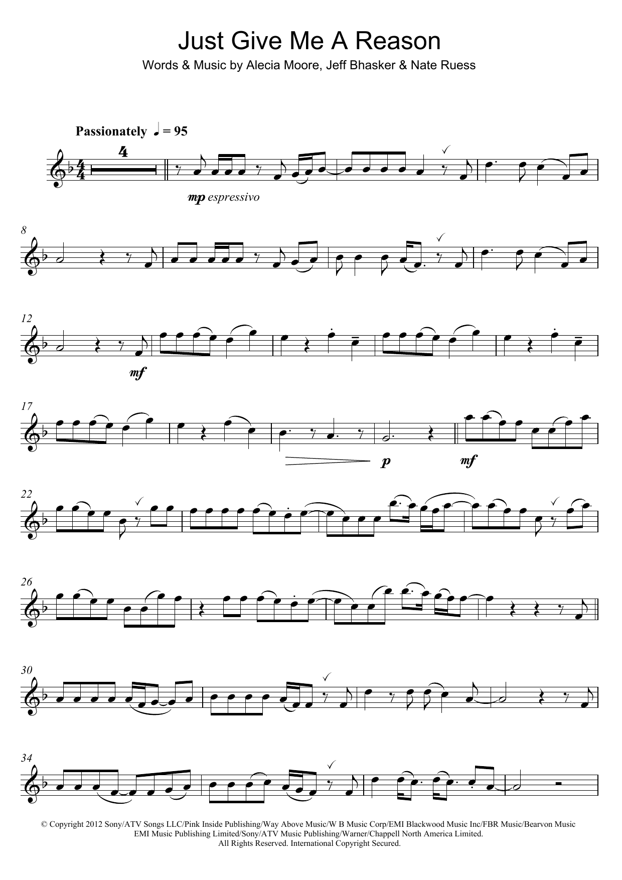 Pink Just Give Me A Reason (feat. Nate Ruess) sheet music, chords, lyrics - Printable PDF for Violin