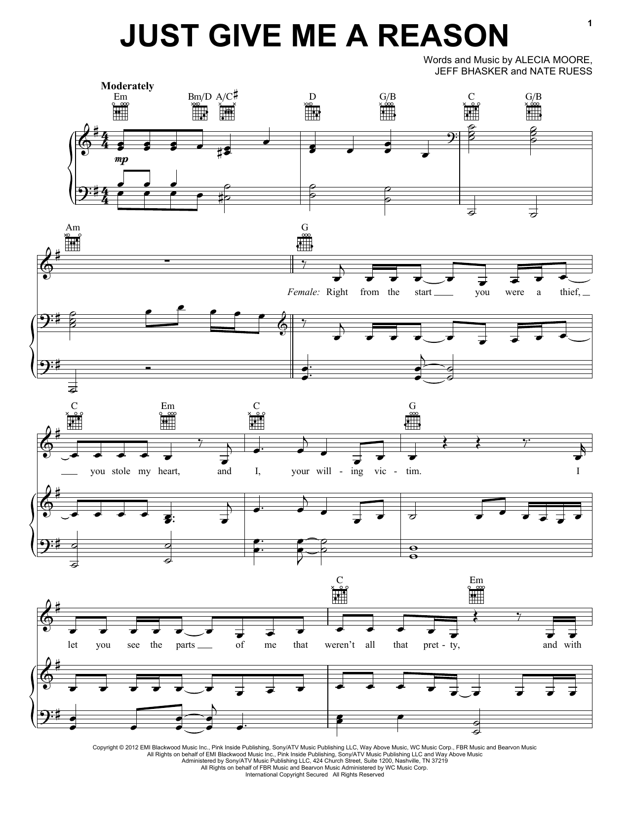 Pink Just Give Me A Reason (feat. Nate Ruess) sheet music, chords, lyrics - Printable PDF for 5-Finger Piano
