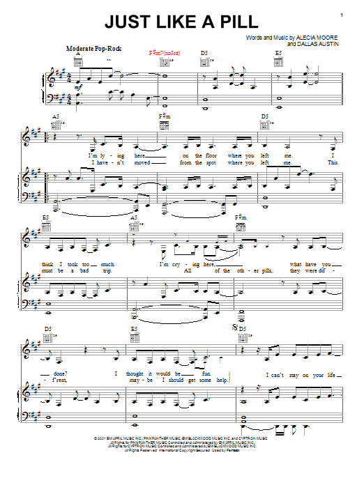 Pink Just Like A Pill sheet music, chords, lyrics - Printable PDF for Lyrics & Chords