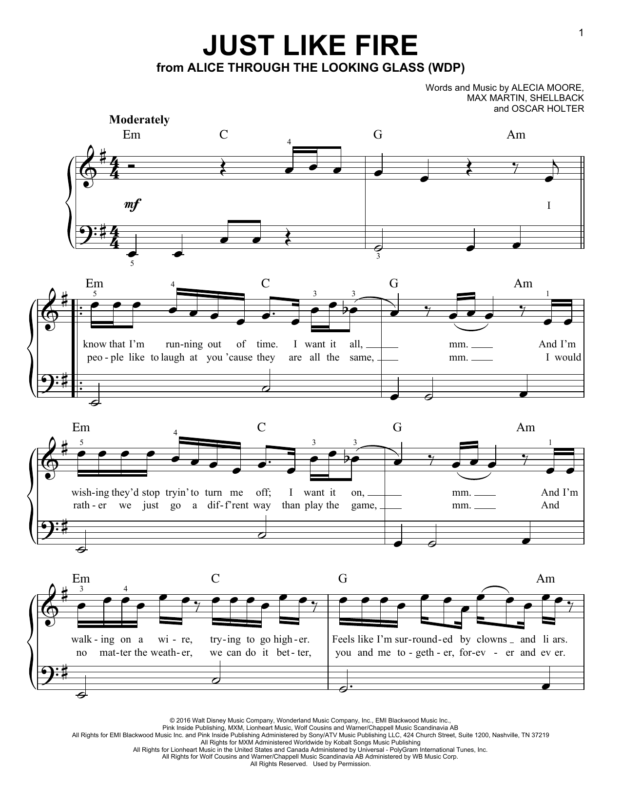 Pink Just Like Fire sheet music, chords, lyrics - Printable PDF for Piano (Big Notes)